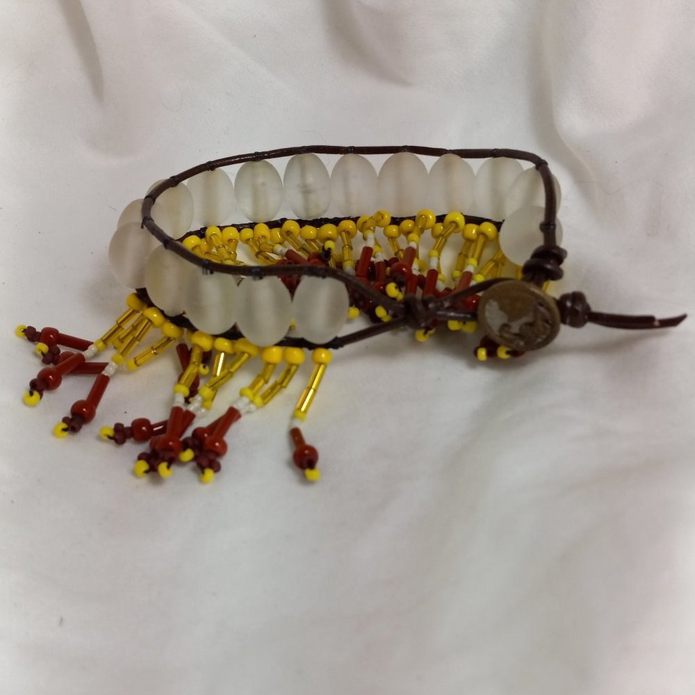 Woven Bracelet with Vintage Glass Beads, Yellow, Brown on Black w/Antique Button